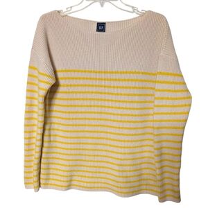 GAP Yellow and Cream Striped Boat Neck Fine Merino Wool Blend Sweater Size Large